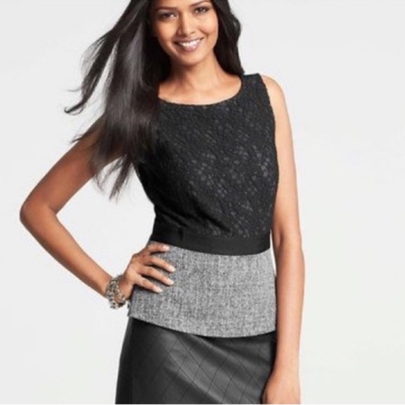 Ann Taylor lace & tweed peplum top in black gray & white Size 8 EUC - Picture 1 of 10